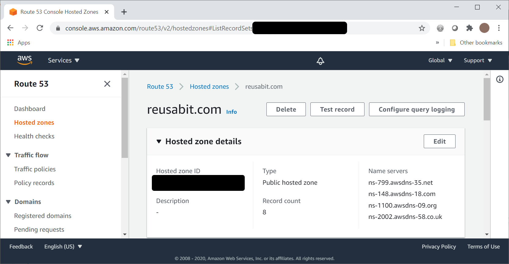 Screenshot from AWS Route 53 which shows the four Route 53 nameservers need to be configured on registrar site. The specific values are not significant.