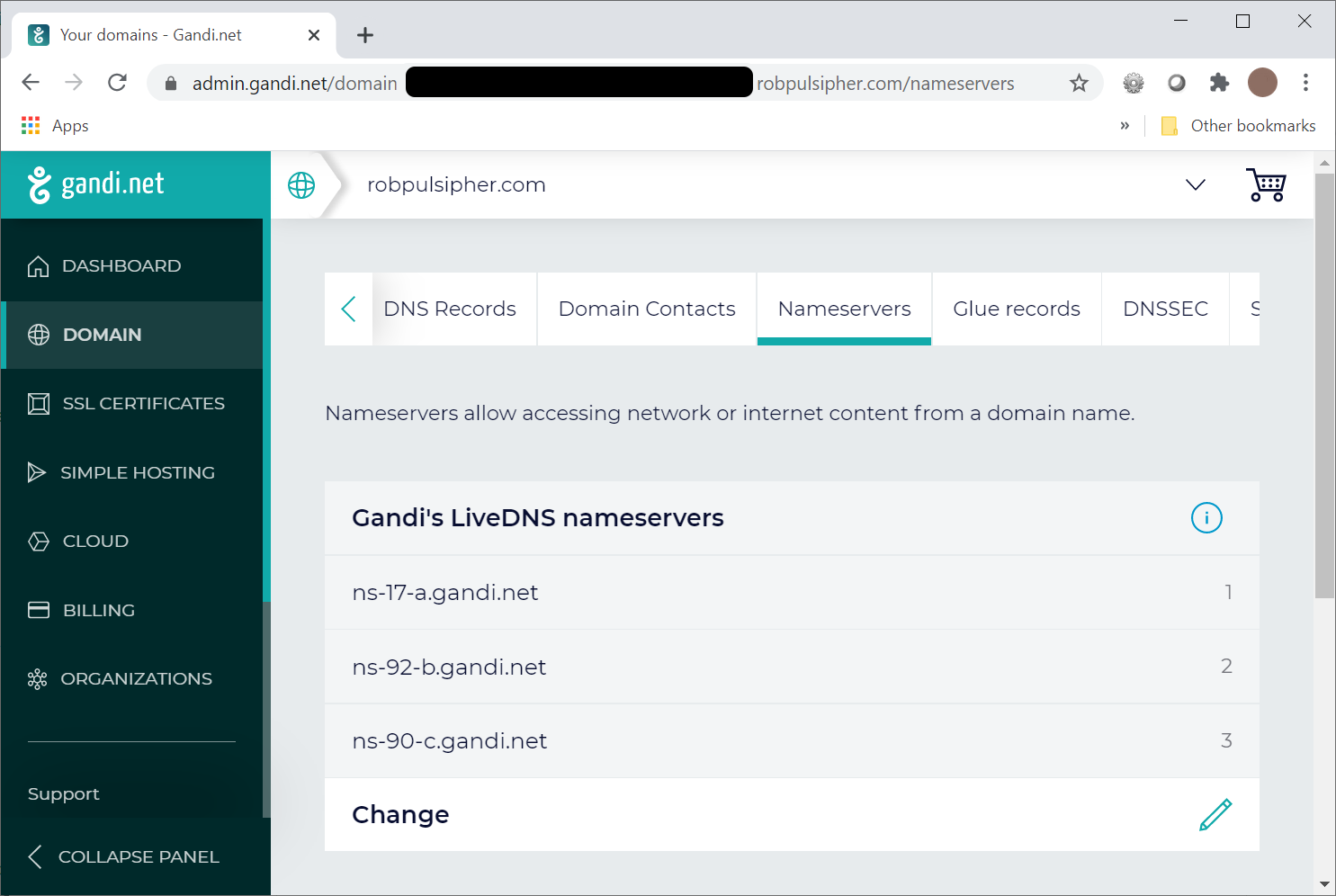 Screenshot of the nameservers tab on domain registrar's configuration site showing three nameservers belonging to the registrar. The specific names are not significant.