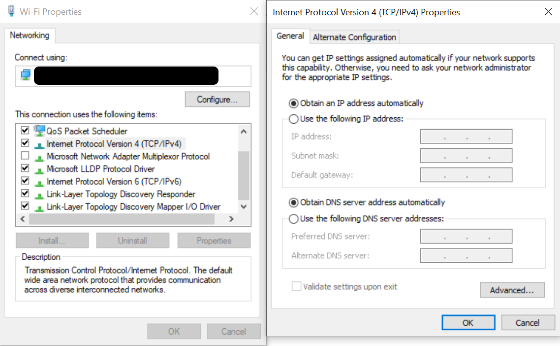 The Windows network configuration dialog box, showing automatic configuration of DNS servers.