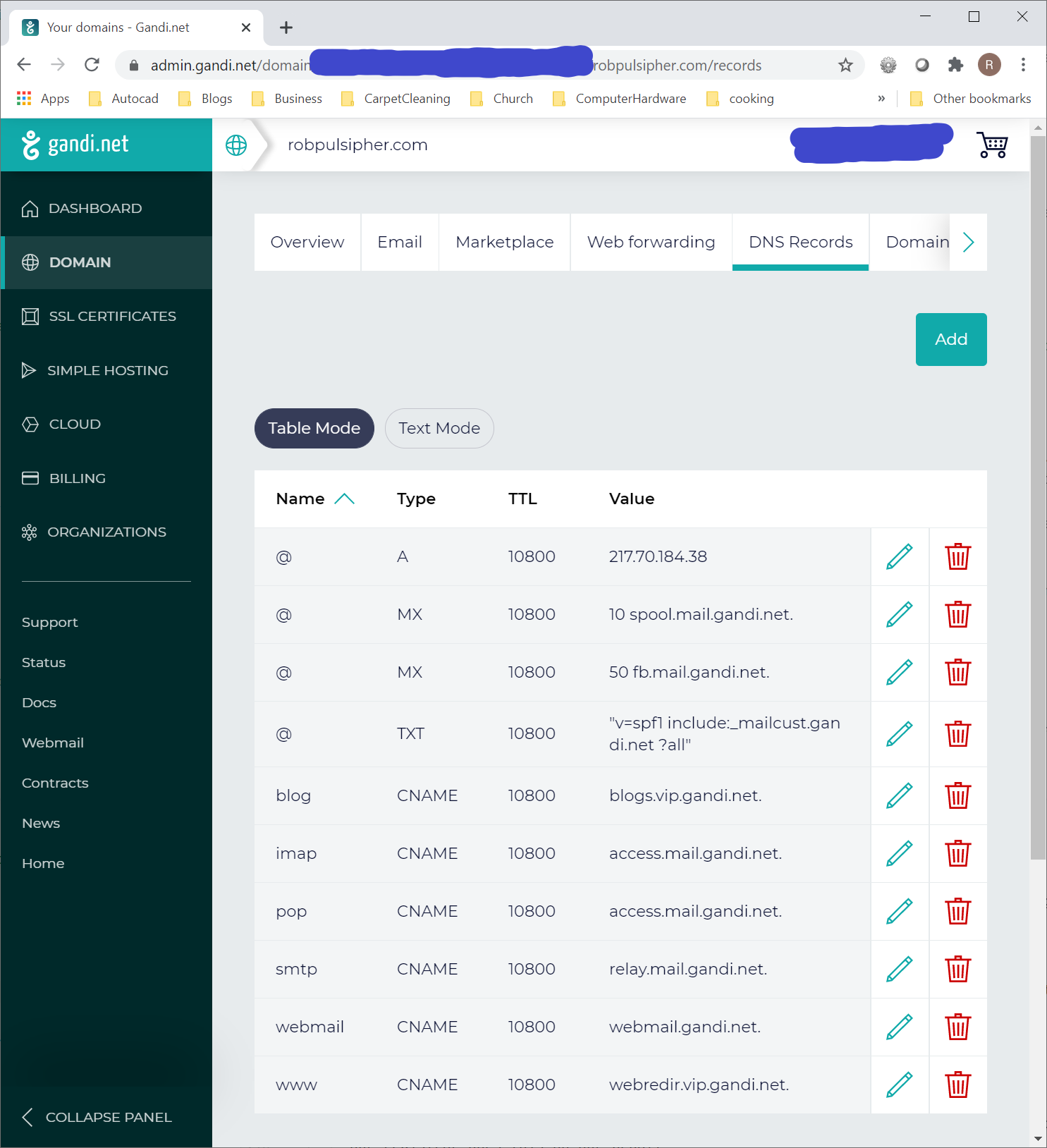 Screenshot of the DNS Records tab on domain registrar's configuration site showing several records. The records are reproduced as text below.